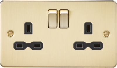 Flat plate 13A 2G DP switched socket - brushed brass with black insert