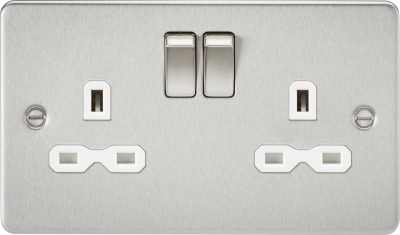 Flat plate 13A 2G DP switched socket - brushed chrome with white insert