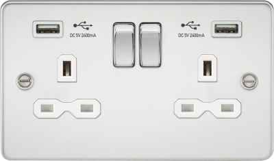 13A 2G switched socket with dual USB charger A + A (2.4A) - Polished chrome with white insert