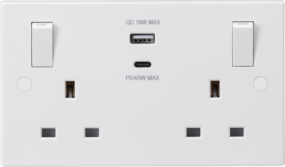 13A 2G Switched socket with outboard rockers and dual USB (A+C) QC18W / USB-PD 45W