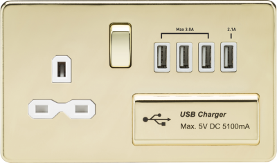 Screwless 13A switched socket with quad USB charger (5.1A) - polished brass with white insert