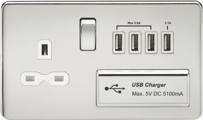 Screwless 13A switched socket with quad USB charger (5.1A) - polished chrome with white insert