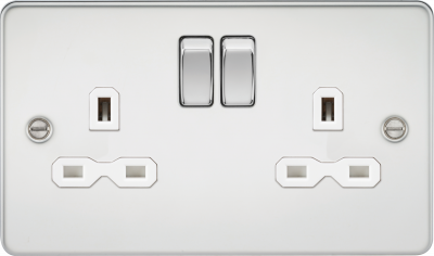 Flat plate 13A 2G DP switched socket - polished chrome with white insert