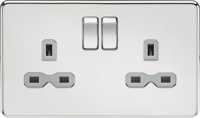 Screwless 13A 2G DP switched socket - polished chrome with grey insert