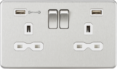 13A 2G DP Switched Socket with Dual USB Charger (Type-A FASTCHARGE port) - Brushed Chrome/White