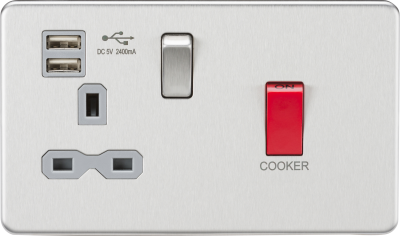 45A DP Switch & 13A Switched Socket with Dual USB Charger 2.4A - Brushed Chrome with grey insert