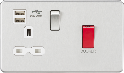 45A DP Switch & 13A Switched Socket with Dual USB Charger 2.4A - Brushed Chrome with white insert