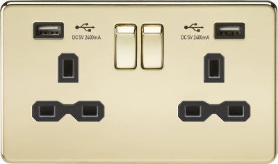 13A 2G switched socket with dual USB charger A + A (2.4A) - Polished brass with black insert