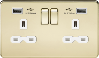 13A 2G switched socket with dual USB charger A + A (2.4A) - Polished brass with white insert