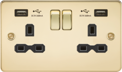 13A 2G switched socket with dual USB charger A + A (2.4A) - Polished brass with black insert