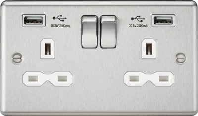 13A 2G switched socket with dual USB charger A + A (2.4A) - Brushed chrome with white insert