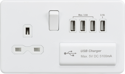 Screwless 13A switched socket with quad USB charger (5.1A) - matt white