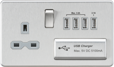 Screwless 13A switched socket with quad USB charger (5.1A) - brushed chrome with grey insert