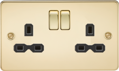 Flat plate 13A 2G DP switched socket - polished brass with black insert