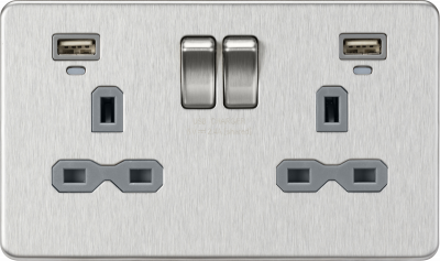 13A 2G Switched Socket, Dual USB (2.4A) with LED Charge Indicators - Brushed Chrome w/grey insert