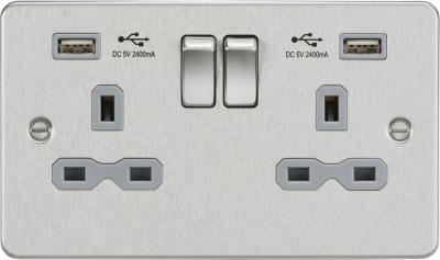 13A 2G switched socket with dual USB charger A + A (2.4A) - Brushed chrome with grey insert