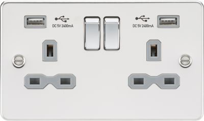 13A 2G switched socket with dual USB charger A + A (2.4A) - Polished chrome with grey insert