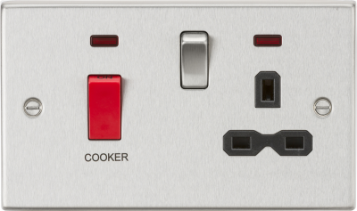 45A DP Cooker Switch & 13A Switched Socket with Neons & Black Insert - Square Edge Brushed Chrome