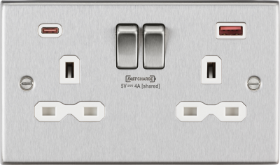 13A 2G DP switched socket with dual USB A + C (FASTCHARGE) - Brushed chrome with white insert