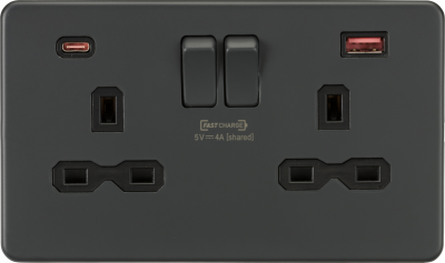 13A 2G DP Switched Socket with dual USB [FASTCHARGE] A+C - Anthracite