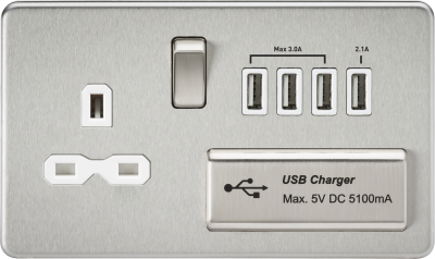 Screwless 13A switched socket with quad USB charger (5.1A) - brushed chrome with white insert