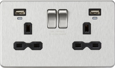 13A 2G Switched Socket, Dual USB (2.4A) with LED Charge Indicators - Brushed Chrome w/black insert