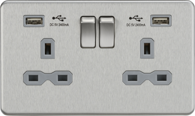 13A 2G switched socket with dual USB charger A + A (2.4A) - Brushed chrome with grey insert