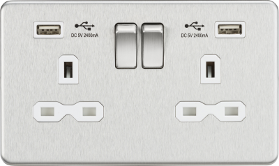 13A 2G switched socket with dual USB charger A + A (2.4A) - Brushed chrome with white insert