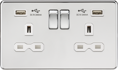 13A 2G switched socket with dual USB charger A + A (2.4A) - Polished chrome with white insert