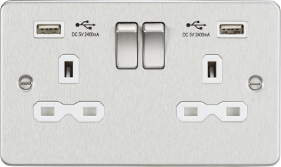 13A 2G switched socket with dual USB charger A + A (2.4A) - Brushed chrome with white insert