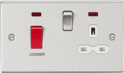 45A DP Cooker Switch & 13A Switched Socket with Neons & White Insert - Square Edge Brushed Chrome