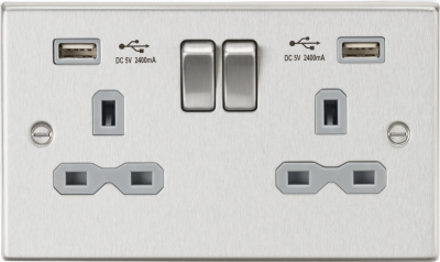 13A 2G switched socket with dual USB charger A + A (2.4A) - Brushed chrome with grey insert