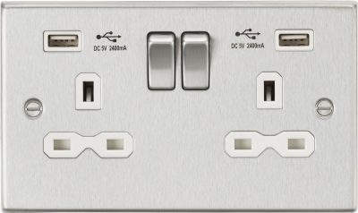 13A 2G switched socket with dual USB charger A + A (2.4A) - Brushed chrome with white insert