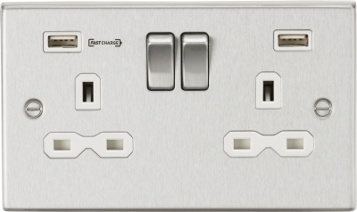 13A 2G DP Switched Socket with Dual USB Charger (Type-A FASTCHARGE port) - Brushed Chrome/White