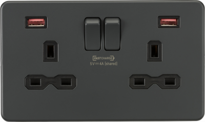 Screwless 13A 2G DP Switched Socket w/ Dual USB FASTCHARGE ports A/A (5-12V 4A shared) - Anthracite