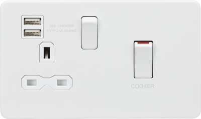 45A DP Switch and 13A switched socket with dual USB charger - matt white