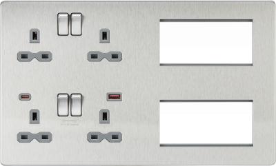 Screwless Combination Plate with Dual USB FASTCHARGE A+C - Brushed Chrome with grey insert