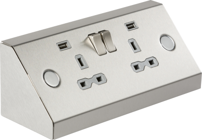 13A 2G Mounting Switched Socket with Dual USB Charger (2.4A) - Stainless Steel with grey insert