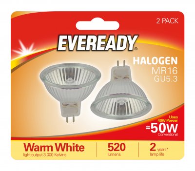 Eveready Halogen MR16 520lm 40W 3,000K (Warm White), Blister Of 2 (S11852)