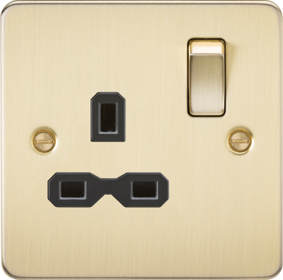 Flat plate 13A 1G DP switched socket - brushed brass with black insert