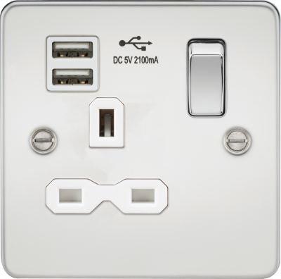 Flat plate 13A 1G switched socket with dual USB charger (2.1A) - polished chrome with white insert