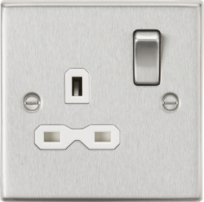 13A 1G DP Switched Socket with White Insert - Square Edge Brushed Chrome