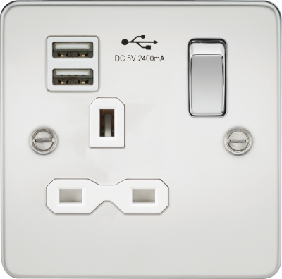 Flat plate 13A 1G switched socket with dual USB charger (2.4A) - polished chrome with white insert