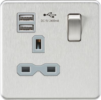 Screwless 13A 1G switched socket with dual USB charger (2.4A) - brushed chrome with grey insert