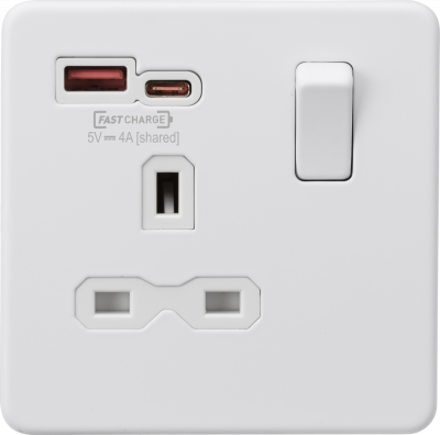 13A 1G Switched Socket with dual USB [FASTCHARGE] A+C - Matt White