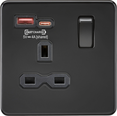 13A 1G Switched Socket with dual USB [FASTCHARGE] A+C - Matt Black