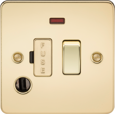 Flat Plate 13A switched fused spur unit with neon and flex outlet - polished brass