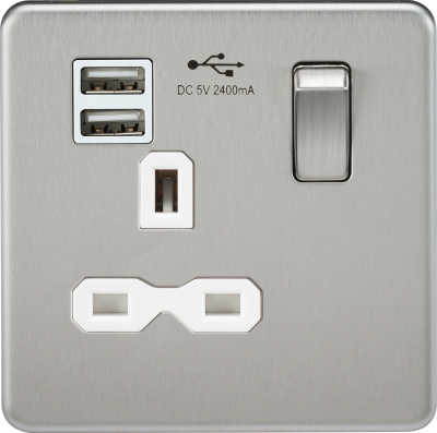 Screwless 13A 1G switched socket with dual USB charger (2.4A) - brushed chrome with white insert