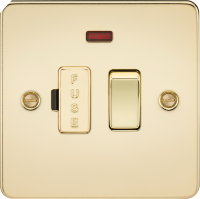 Flat Plate 13A switched fused spur unit with neon - polished brass