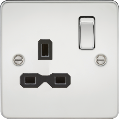 Flat plate 13A 1G DP switched socket - polished chrome with black insert